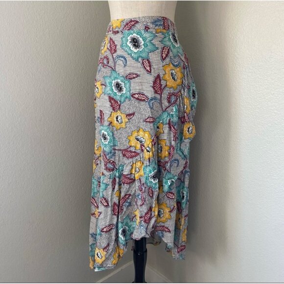 BCBGENERATION Faux Wrap Ruffle Midi Skirt Multicolor Floral Print Sz XS - Picture 1 of 2